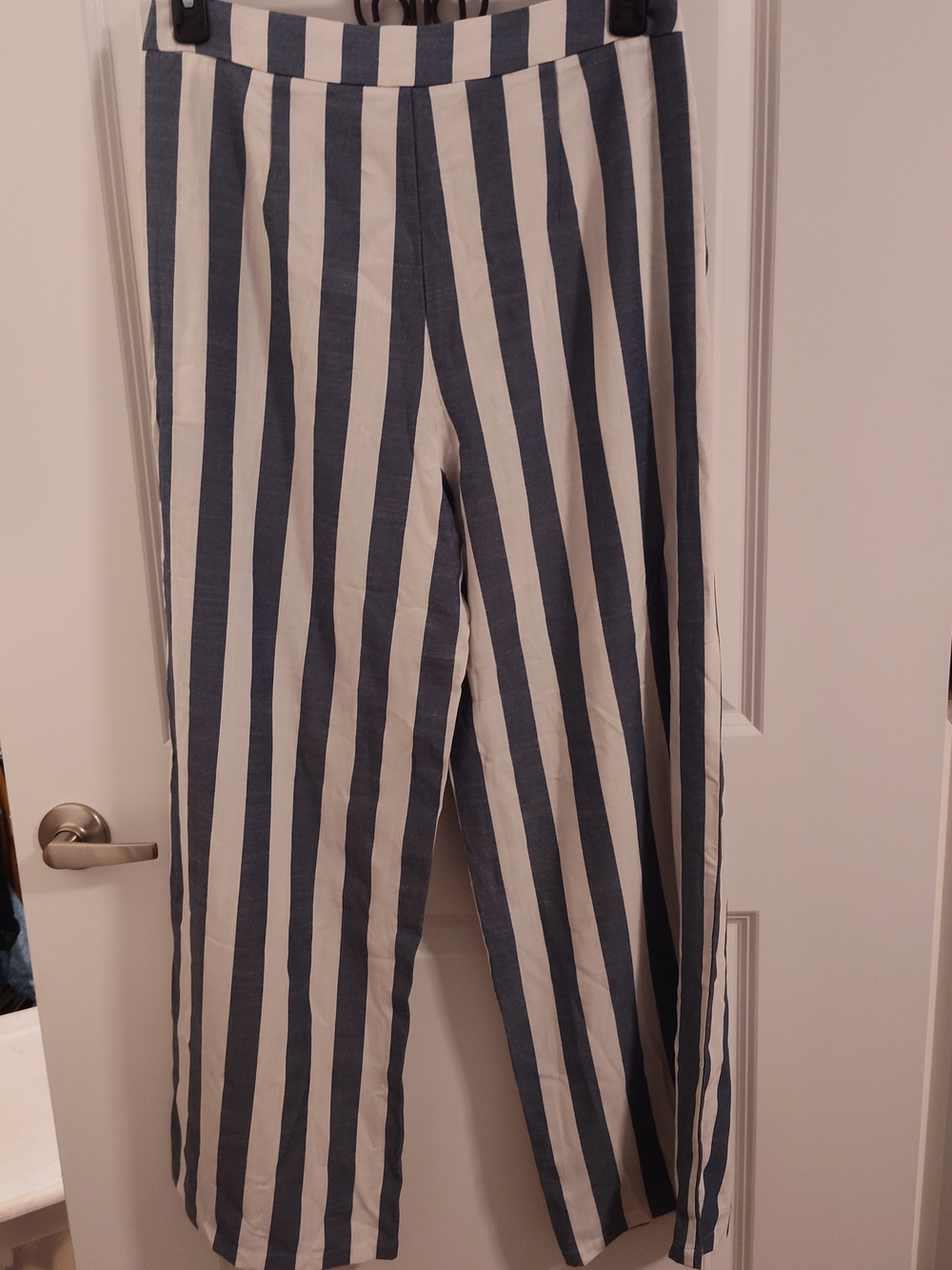 Oyrosy Striped Wide-Leg Linen Pants — Blue and White